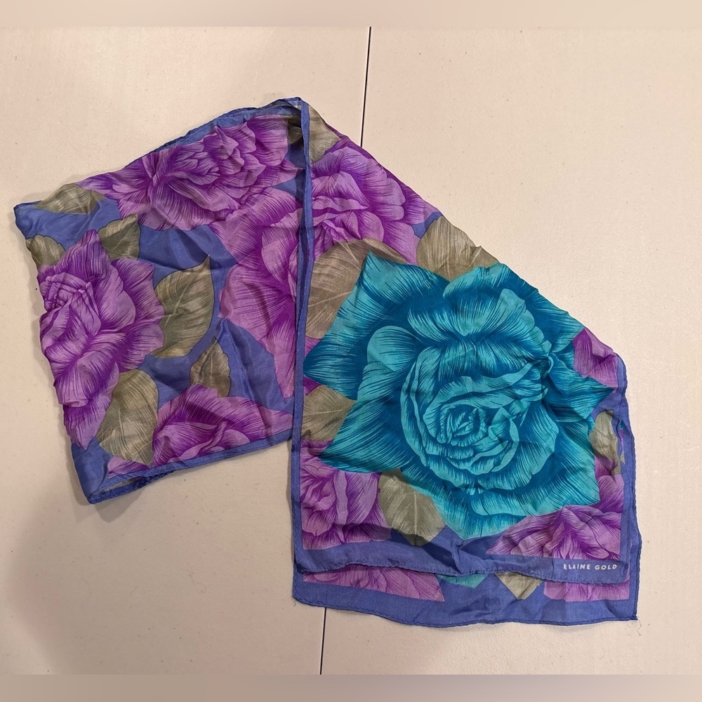VINTAGE: Elaine Gold | Women’s rectangular floral print 100% silk scarf